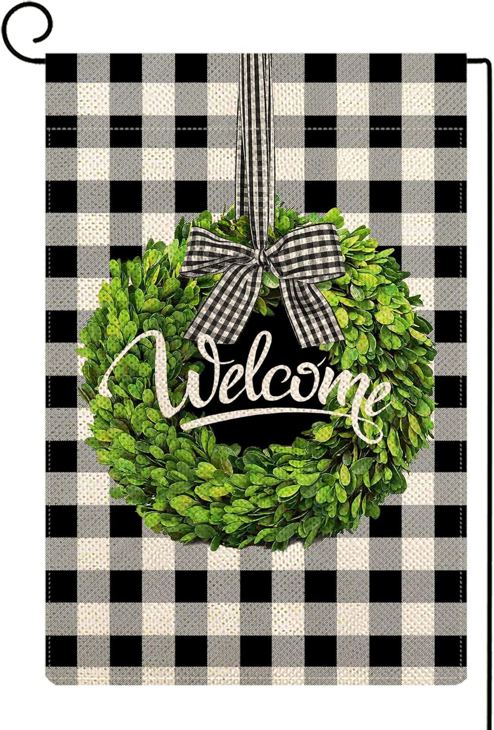 Molili Welcome Boxwood Wreath Garden Flag Burlap Vertical Double Sided Spring Buffalo Check Plaid Bow-Knot Rustic Farmhouse Flag Yard Outdoor Decoration 12.5 x 18 Inch
