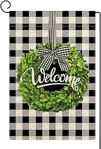 Molili Welcome Boxwood Wreath Garden Flag Burlap Vertical Double Sided Spring Buffalo Check Plaid Bow-Knot Rustic Farmhouse Flag Yard Outdoor Decoration 12.5 x 18 Inch