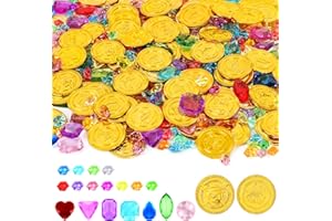FULLIVE 200 PCS Pirate Decorations Set, 1.38 in Pirate Gold Coins 0.79 in Plastic Gems, Fake Coins Plastic Coins Leprechaun Gold Coins, Pirate Theme Party Supplies Pirate Treasure Game Hunt Party Favors