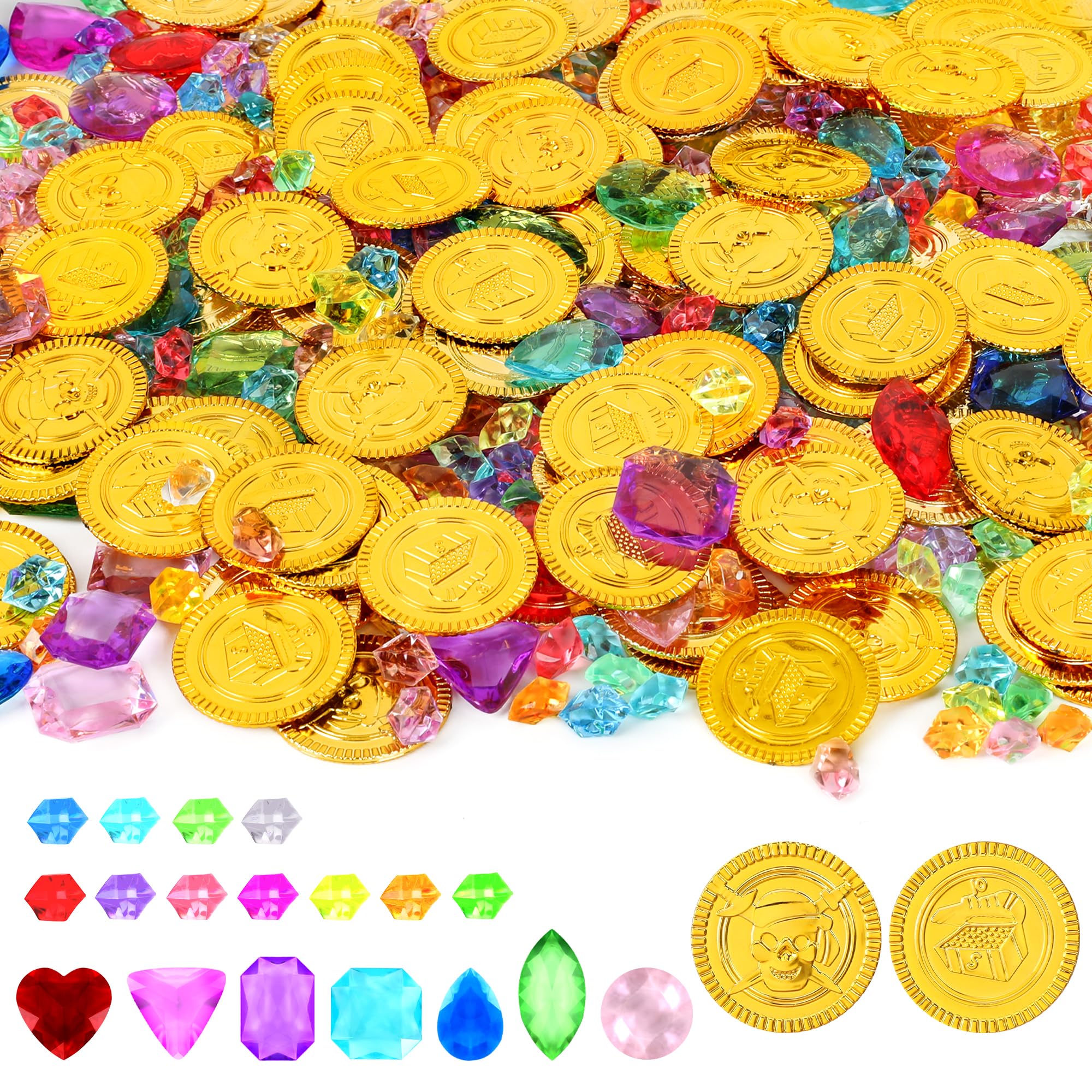 200 PCS Pirate Decorations Set, 1.38 in Pirate Gold Coins 0.79 in Plastic Gems, Fake Coins Plastic Coins Leprechaun Gold Coins, Pirate Theme Party Supplies Pirate Treasure Game Hunt Party Favors