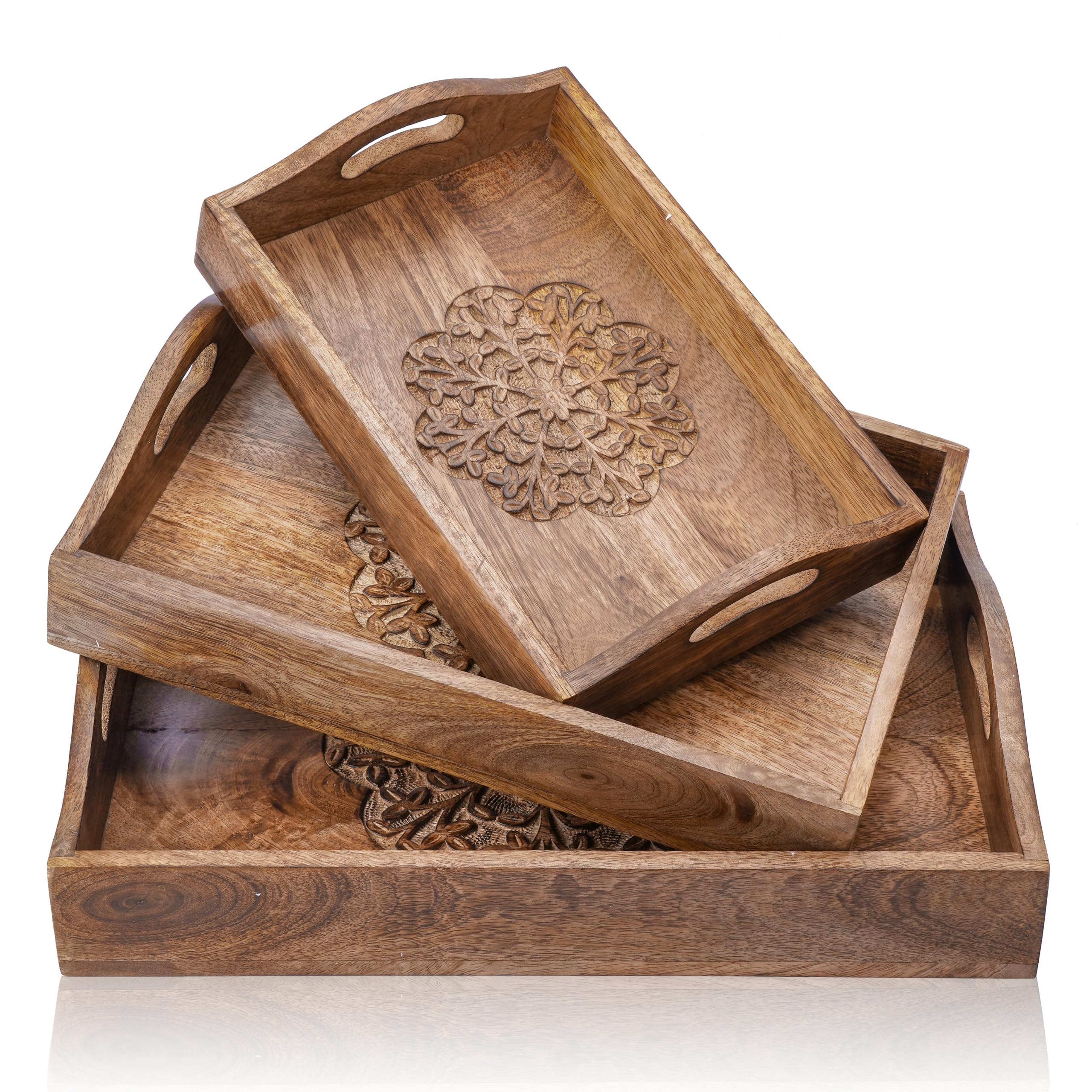 Ajuny Decorative Wooden Tray Platter for Serving Snacks Fruits Tea Hand Carving Floral Design Home Kitchen Gifts