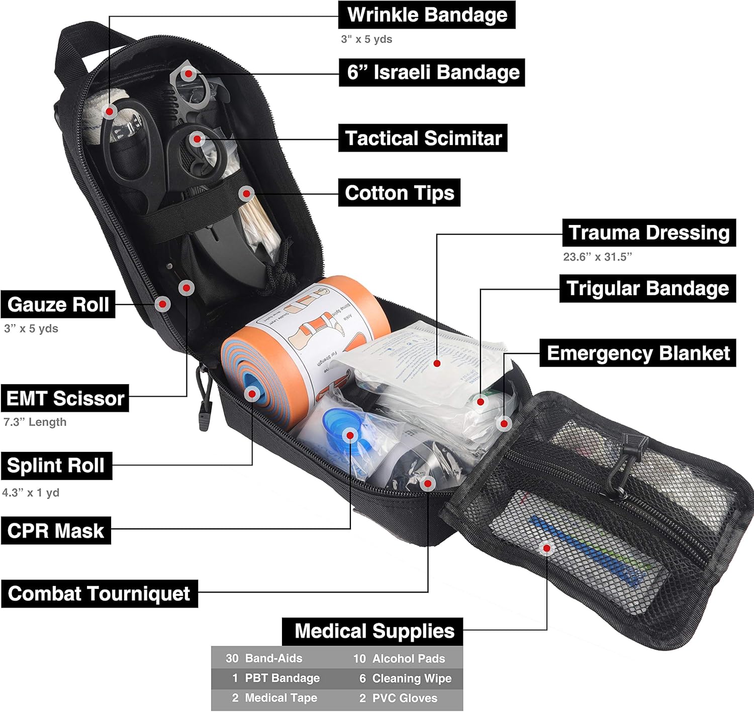 Emergency Survival First Aid Kit with Tourniquet, 6" Israeli Bandage, Splint, Military Combat Tactical Molle IFAK EMT for Trauma Wound Care, Battle, Bleeding Control and More (Black): Health & Personal Care
