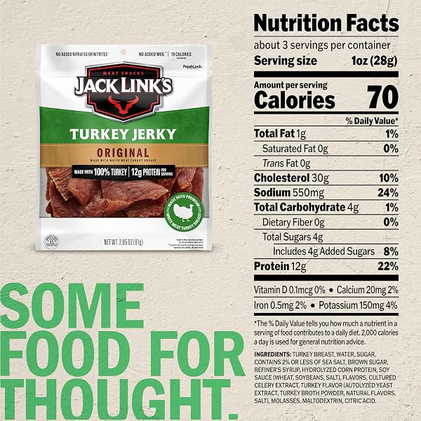 JACK LINK’S TURKEY JERKY, ORIGINAL JERKY BAG – FLAVORFUL SNACK, READY TO EAT PROTEIN SNACK WITH 12G OF PROTEIN AND 80 CALORIES, MADE WITH 100% TURKEY, KETO FRIENDLY, 2.85 OZ.