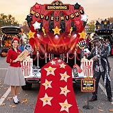 Blosssound Movie Night Trunk or Treat Halloween Car Decorations Kit | Showing Banner Tinsel Curtains Carnival Pop Corn Cutouts Showtime Backdrop for Car SUV Wall Door Outdoor Photo Props Decor