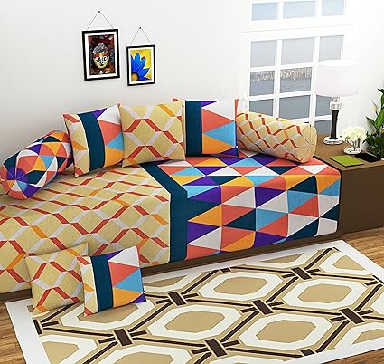 Amayra Home Geometric Design 100% Cotton 120 TC Designer Printed 8Pc Diwan set(1 Single Bedsheet, 2 Bolster Covers, 5 Cushion Covers)