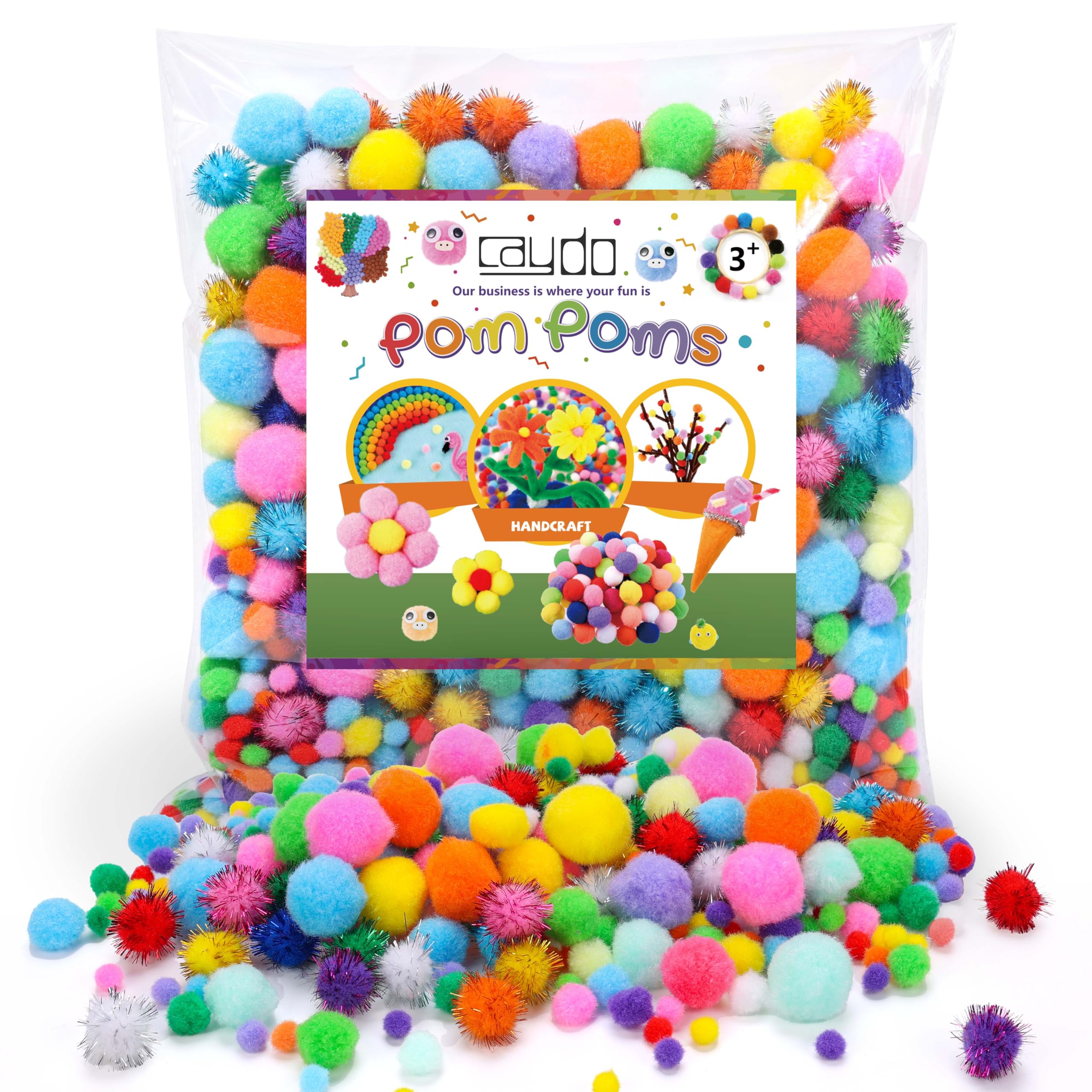 Caydo [1200PCS] 1050Pcs Multicolor Pom Poms, Assorted Sizes & Colors Craft Pompom Balls with 150pcs Wiggly Eyes for Kids Arts and Craft Projects and Decorations