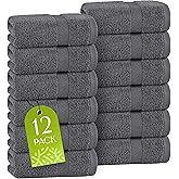 White Classic Dark Gray Washcloths Set for Body and Face Towel, Cotton Wash Cloths Bulk 12 Pack, Spa Fingertip Wash Clothes 12x12 Inch, Soft Absorbent Gym Towels