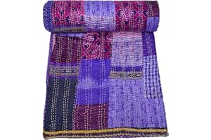 Marubhumi Indian Handmade Quilt Indian Silk Sari Kantha Quilted Patchwork (Purple, Twin (60"x 90"))
