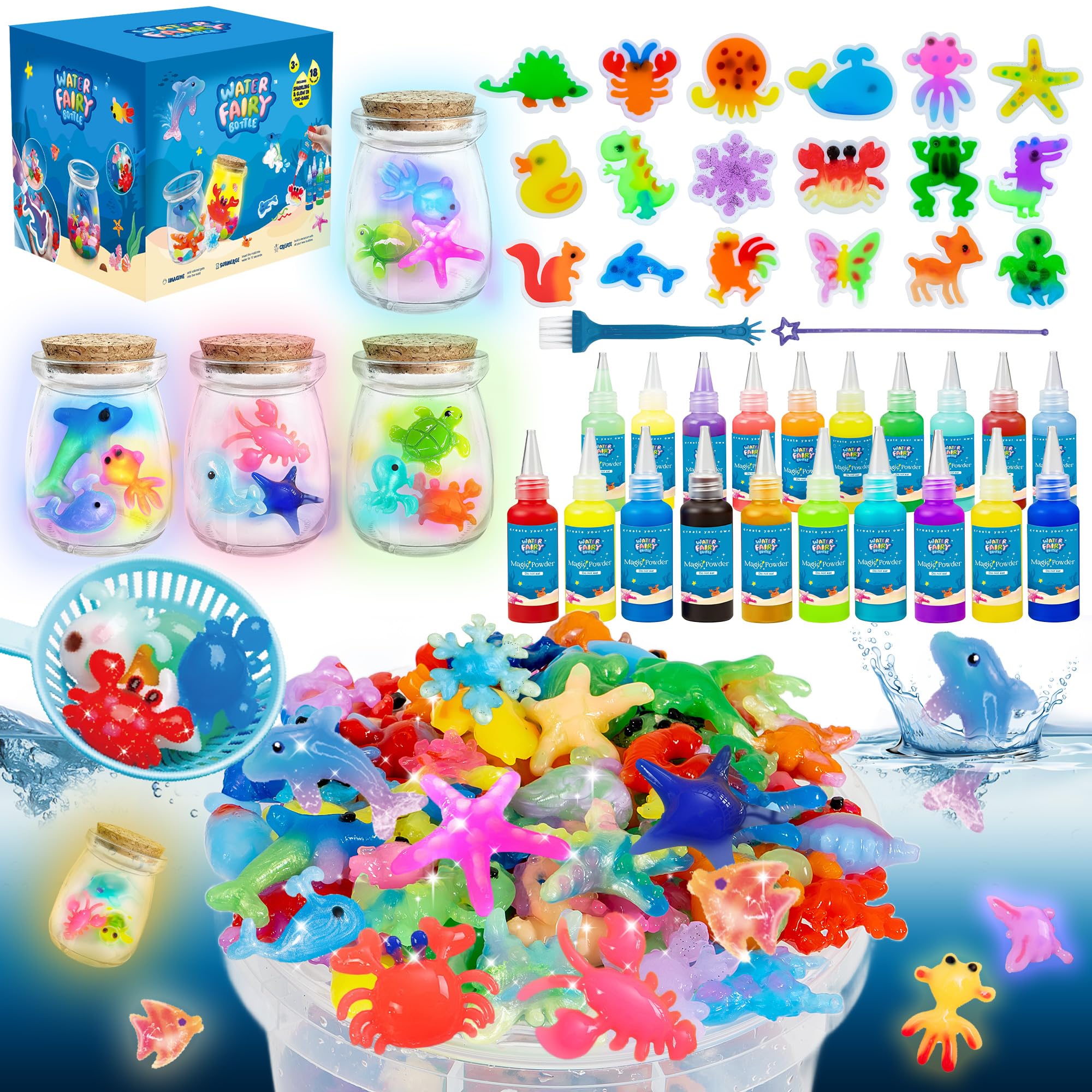 View 1 of 116PCS Magic Glow-in-The-Dark Gel Water Fairy Toy, Aqua DIY Elf Set with 18 Shape Molds, 100ml Gels, Water Squishy Kit, Make 150+ Water Animals,Christmas Birthday Gift, Arts Crafts STEM Kit for Kid