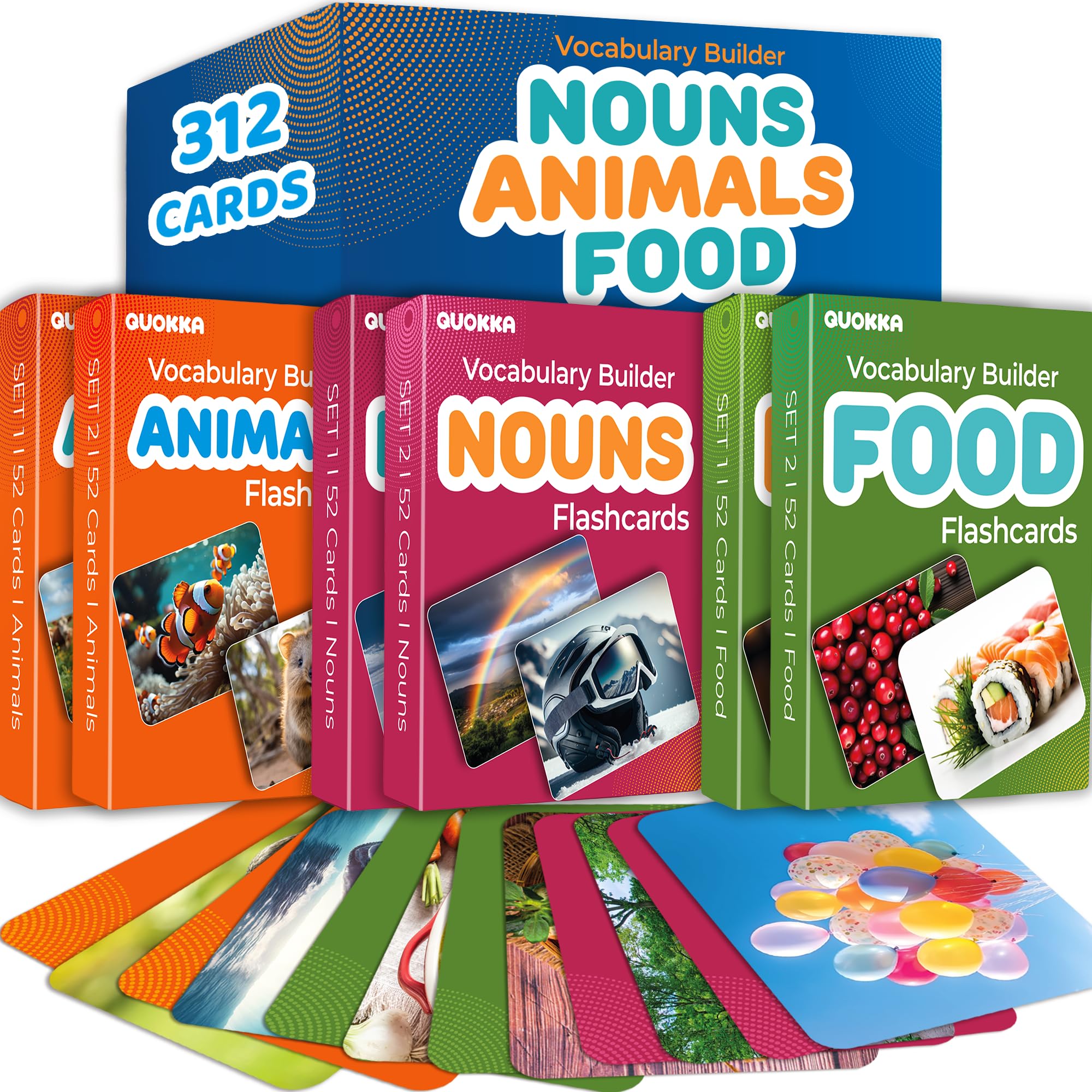 QUOKKA 312 Noun Flash Cards Set – Kids and Adults Vocabulary Builder for ABA Therapy, Early Childhood Education, and ESL Teaching – Picture Cards for Speech Therapy and Vocabulary Building Activities