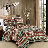 ESCA Quilt Set King - Western Cowboy Horse Bedspread - Rustic Aztec & Cactus Print Bedding