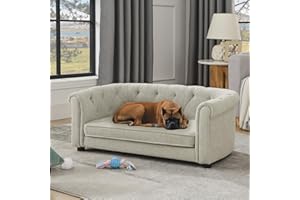 VYNELITO Dog Sofa Couch for Medium to Large Dogs, Memory Foam Pet Sofa Couch with Washable Fabric, Durable Elevated Dog Bed with Legs, Removable Cushion for Medium and Large Dogs, Beige Grey