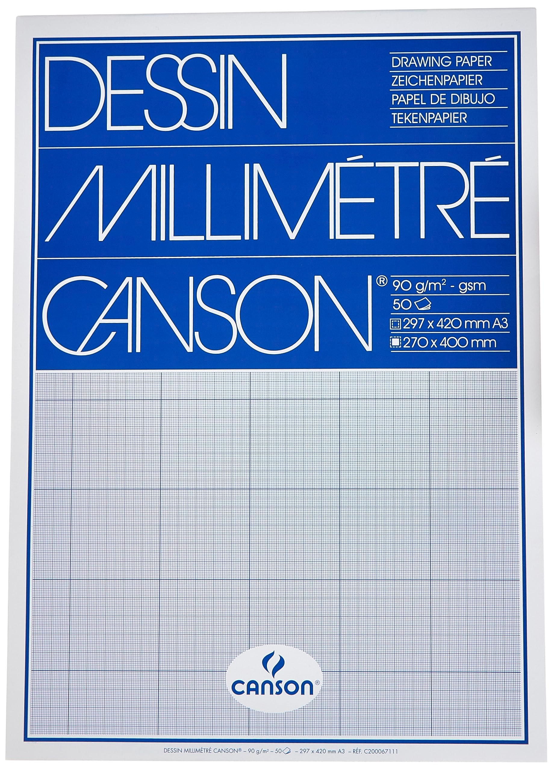 Canson A3 90 GSM Short Side Glued Pad Blue Print Millimetre Drawing Paper (Pack of 50 Sheets)
