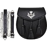 Scottish Original Leather Sporran with Leather Belt & Chain (Black Leather Sporran Thistle Badge with Three Tassels)