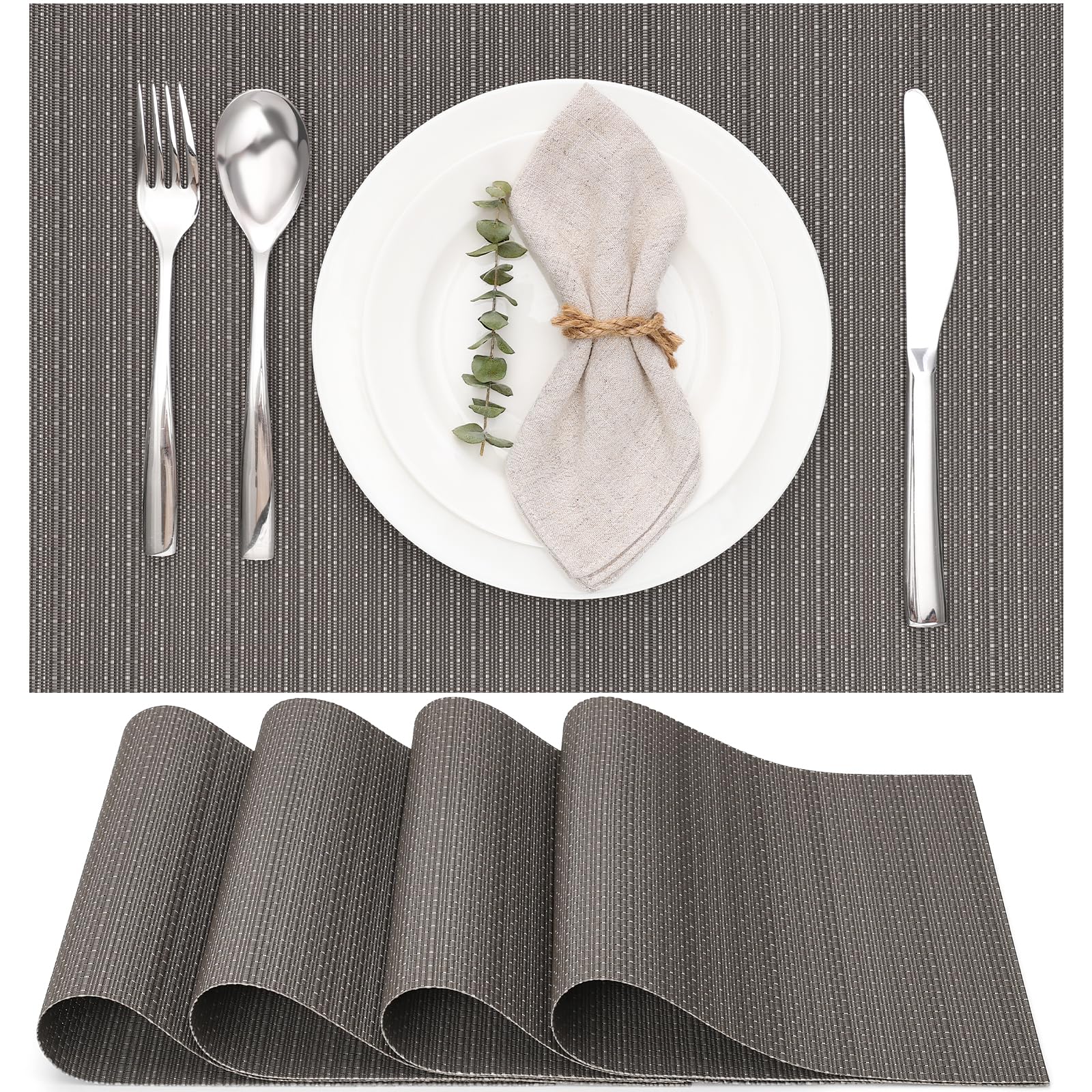 Myir JUN Table Mats Set of 4, Place Mats Table Placemats Washable Non-slip Heat Insulation Woven Vinyl for Kitchen Dinning Restaurant 17"X12" (Dark Gray)