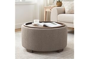 Zihanhome 30 Inch Round Storage Ottoman Coffee Table, Modern Boucle Ottoman with Lift-Off Lid and Solid Wood Legs for Living Room, Bedroom, Corners, Apartments (Brown)