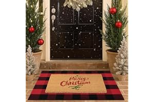 HOMYDECOR Christmas Door Mat Combo Set - 100% Coco Coir Welcome Mat + 28 x 43 Inch Red and Black Plaid Rug, New Year Holiday Christmas Collection Doormat for Front Porch Entryway Decor