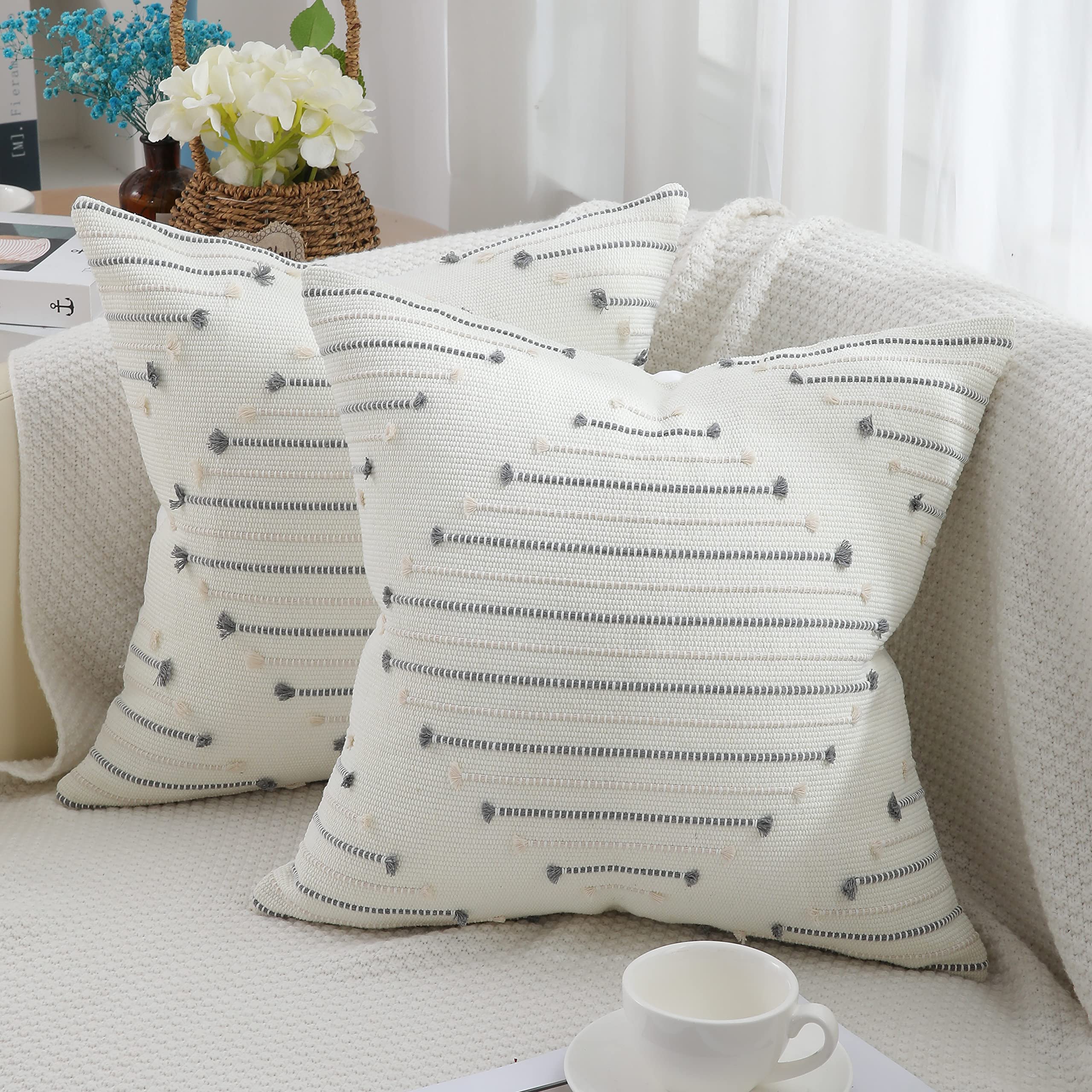 decorUhome Boho Cushion Covers 45x45cm Set of 2, Beige and Grey Pillow Cases 18X18 inch, Farmhouse Decorative Pillow Covers for Couch Sofa Living Room
