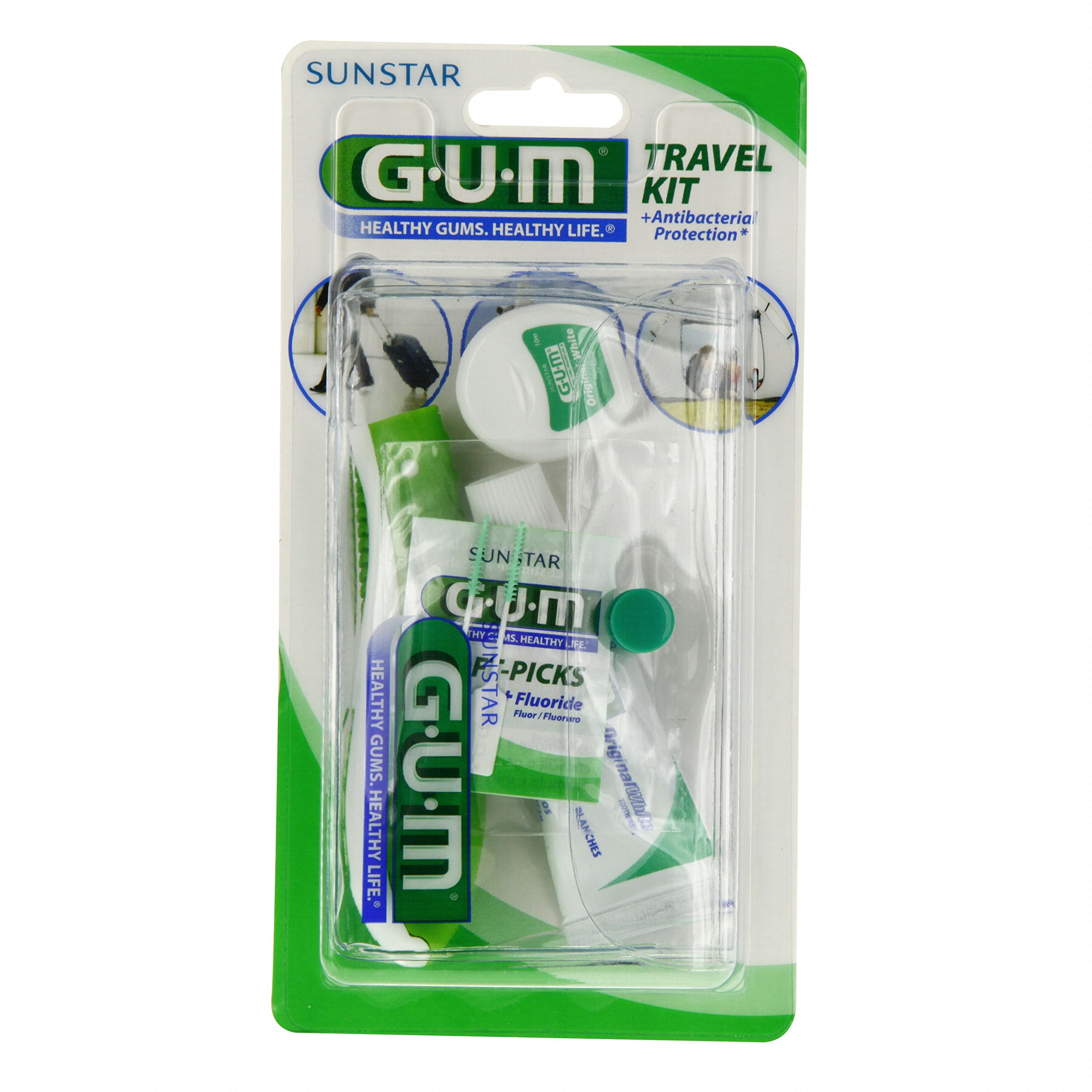 GUM Travel Kit Viaggio - Practical Travel Set - Includes Toothbrush, Toothpaste, Dental Floss & Soft Picks - Compact & Portable - Unisex-Adults - White, Blue, Green, Purple, Red