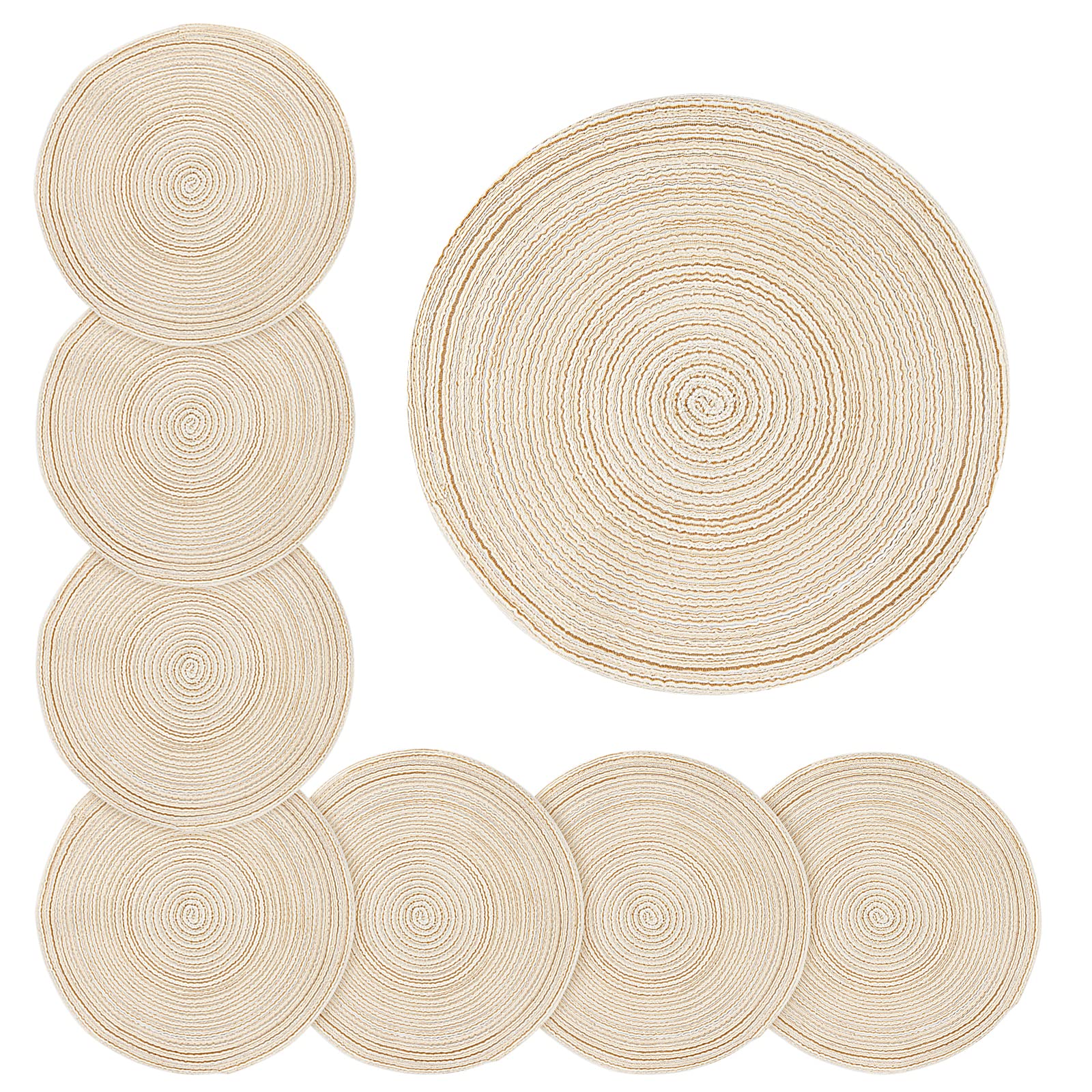 MANCHAP Set of 8 37.5cm Round Braided Woven Placemats, Heat Insulation Beige Round Cotton Dinner Table Mats for Dining Table, Party, Kitchen