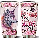 WONWIX Wolf Tumbler 20oz Cute Animal Gift for Women, Girls Who Freaking Love Wolves Lovers Moon Flowers Perfect Birthday Christmas Valentine Wife Daughter Insulated Stainless Steel Coffee Cup with Lid