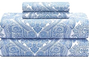 FEATHER & STITCH NEW YORK Feather & Stitch Softest 100% Cotton Sheets, 300 Thread Count Percale Weave Bedding, 16" Deep Pocket, Cooling Sheets, Breathable Bed Set, Hotel Premium Quality (King Blue Paisley)