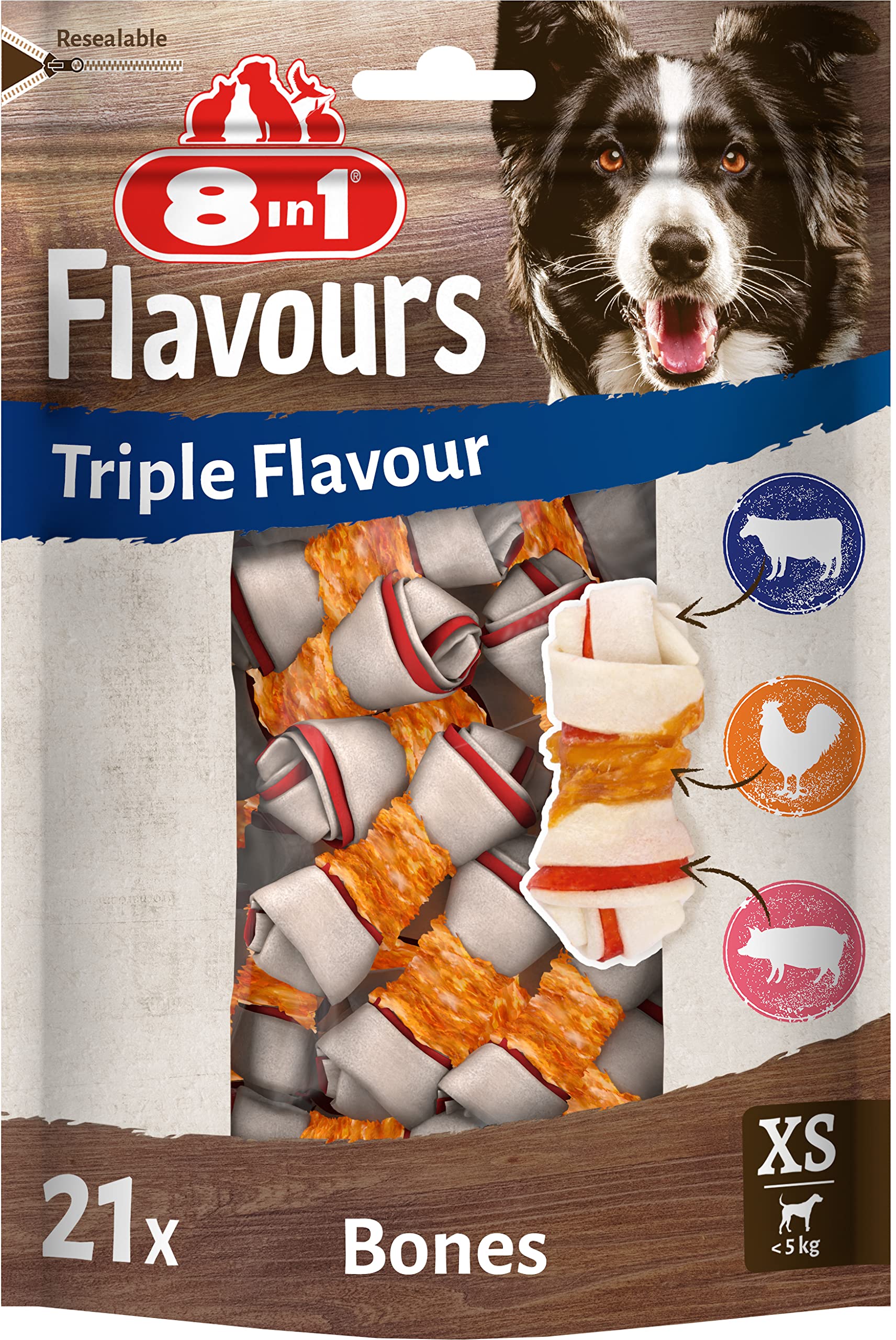 8in1 Triple Flavour Bones XS - chewy dog bones with chicken fillet, pork hide and beef hide, 21 pcs.