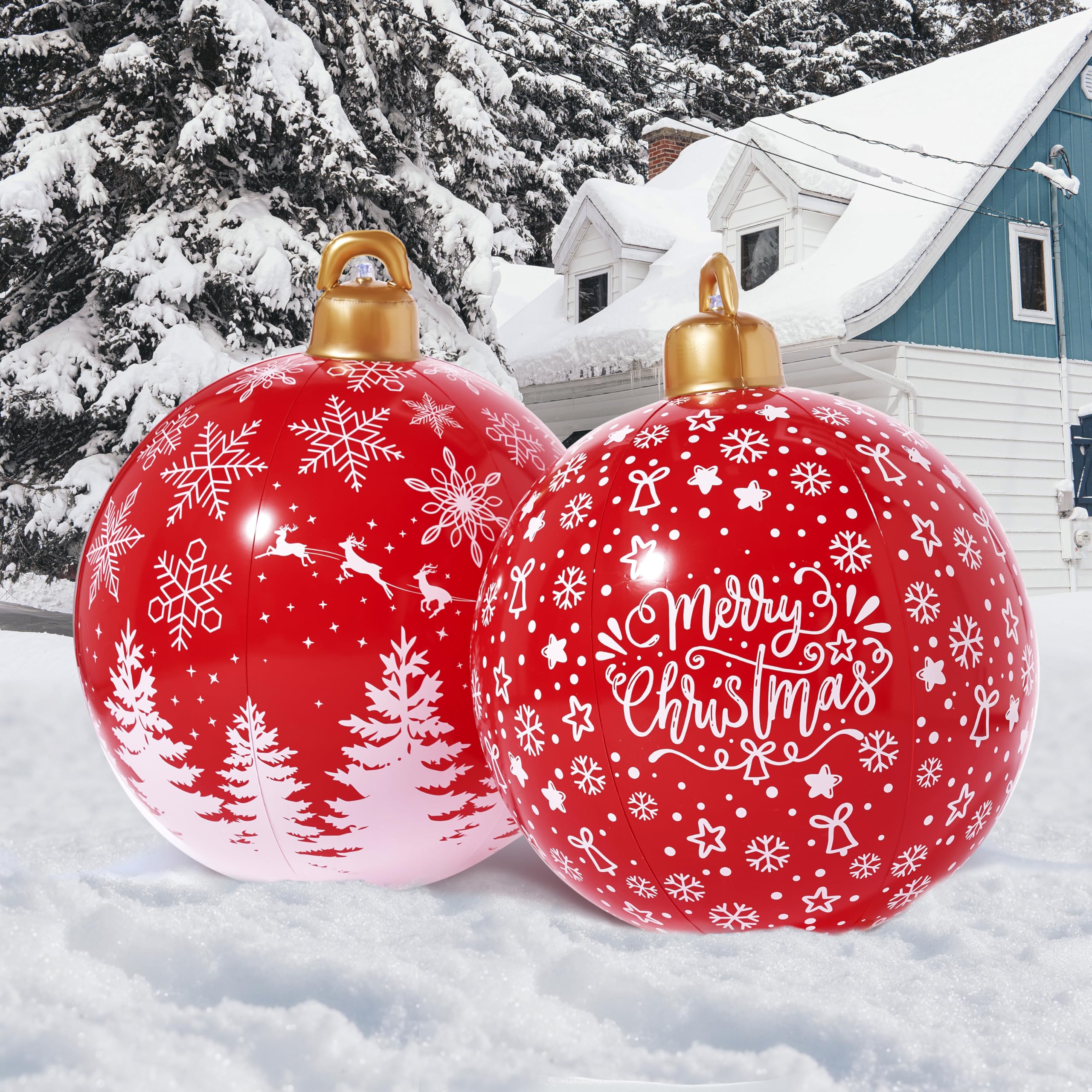 Photo 1 of JOIEDOMI 2 Pcs Giant Inflatable Christmas Balls, 25 Inch Red Ornaments with Christmas Patterns, Xmas Inflatable Decoration for Outside Decorations, Party Yard Garden Indoor Holiday Decor