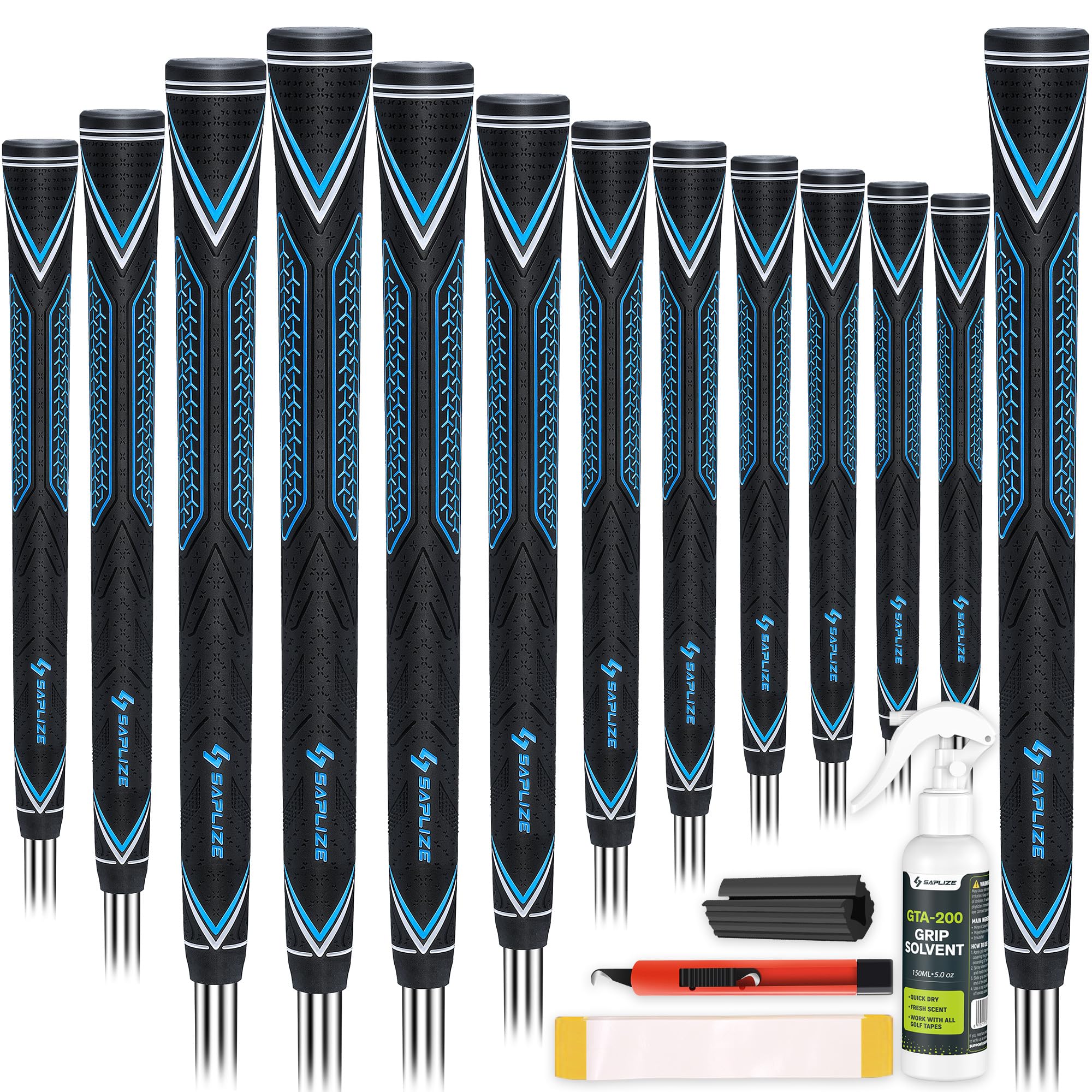 SAPLIZE High-Performance Rubber Golf Grips, High Shock Absorption, Non-Slip, 13 Grips with All Kits, Midsize, Blue, CC10 Golf Club Grips
