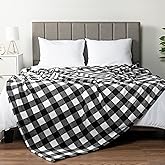 PAVILIA Black and White Buffalo Plaid Fleece Bed Blanket Queen Size, Soft Checkered Flannel Blanket for Sofa, Plaid Christmas Couch Throw Bed, Warm Cozy Decorative Blanket Fall Decor Gift, 90x90