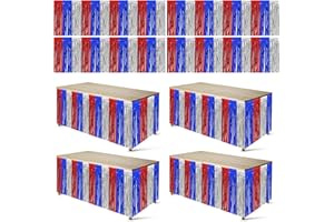 CODREE 4 Pack 4th of July Table Skirts Decoration- 108 x30 in Memorial Day Decor- Red White and Blue Table Skirts- Patriotic Metallic Foil Fringe Tinsel Table Skirts for Independence Memorial Veterans Day