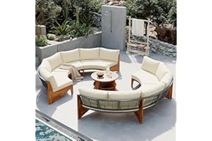 XD DESIGNS 6-Person Outdoor Seating Group with Coffee Table, Half Moon Patio Sectional Sofa Set, All Weather Conversation Sofa Set with Acacia Wood Frame and Thick Cushions for Backyard Poolside (Beige+Acacia)