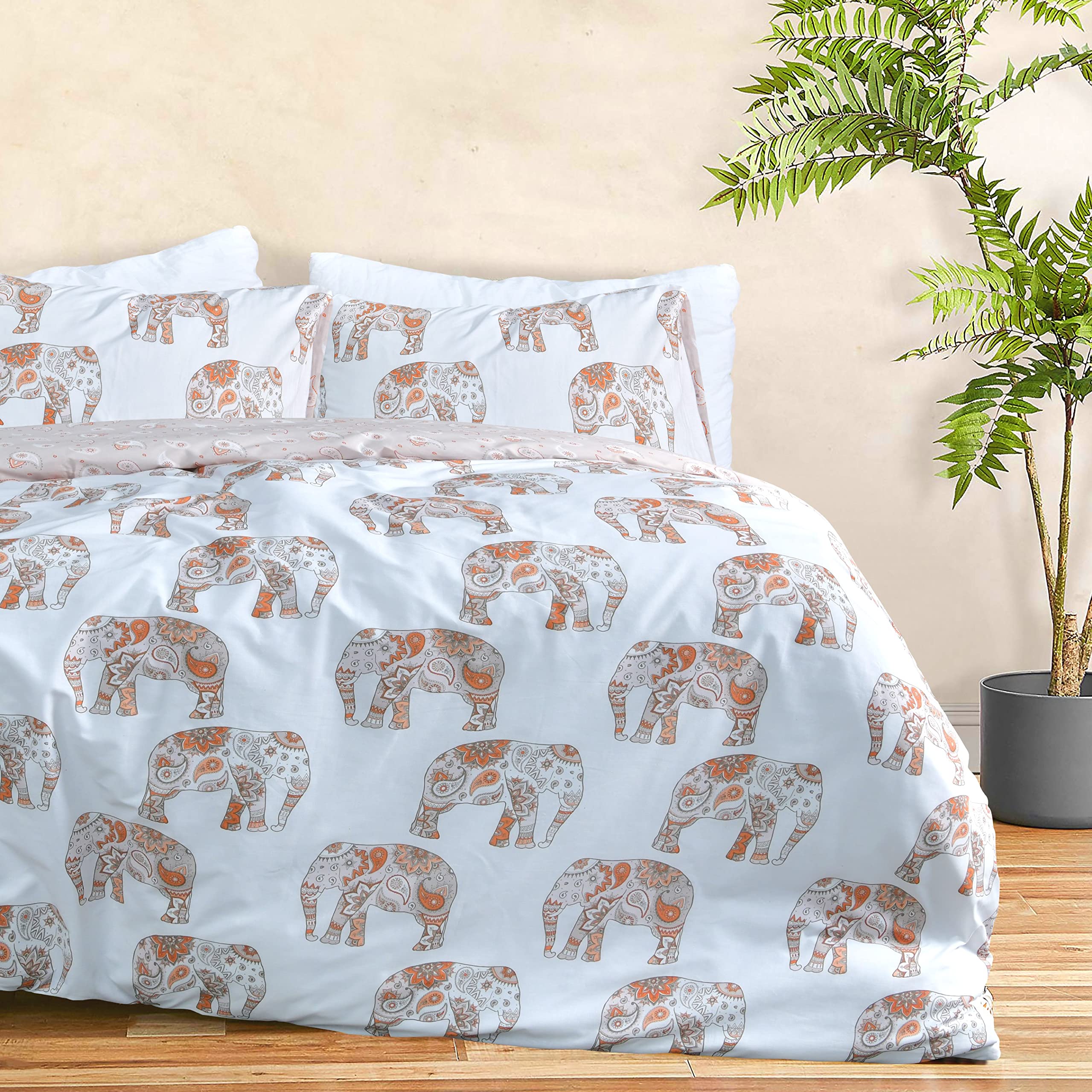 Sleepdown Elephant Rust White Paisley Reversible Soft Easy Care Duvet Cover Quilt Bedding Set with Pillowcases - Super King (260cm x 220cm