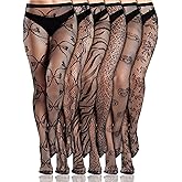Ramede 6 Pairs Halloween Fishnet Stockings for Women Lace Tights Patterned Thigh High Floral Waist Goth Leggings Pantyhose
