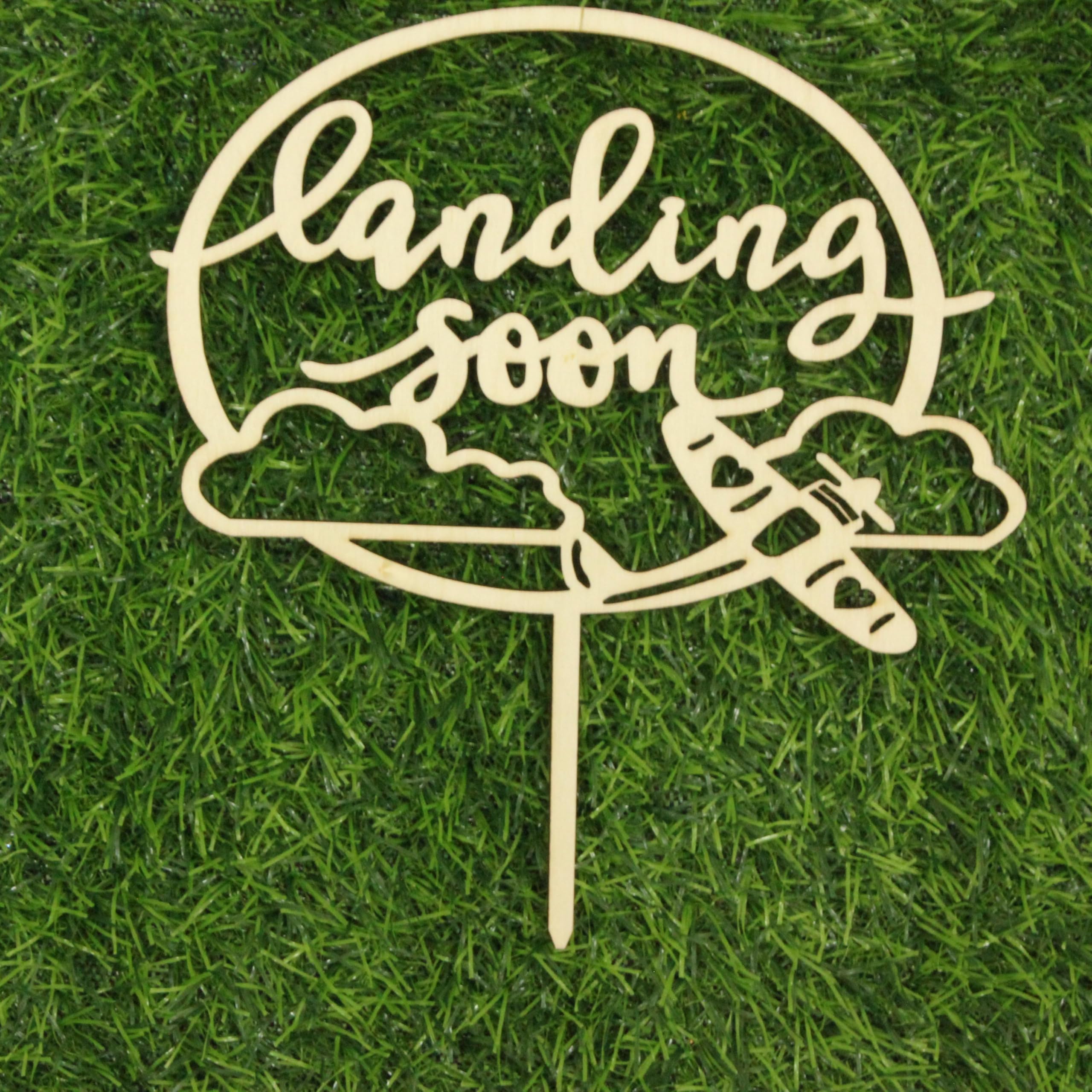 Photo 1 of Snvpnyd Wooden Landing Soon Cake Topper, Baby Shower Cake Decor with Airplane and Cloud for Pregnant Announcement Gender Reveal Baptism Adventure Theme Party
