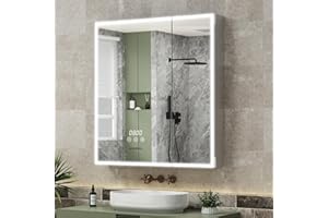 ACEMIRO Lighted Medicine Cabinet with Mirror 30×32 Inch, Surface or Recessed Medicine Cabinet with Lights, Clock&Temp, Defogg