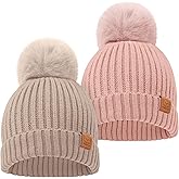 KeaBabies 2-Pack Baby Hats for Girls, Boys - Stretchy Baby Beanies, Cute Newborn & Toddler Winter Hat, Soft & Warm Pom Pom Beanie for Infant, Toddler, Boys, Girls 6-36 Months (Fawn, M)