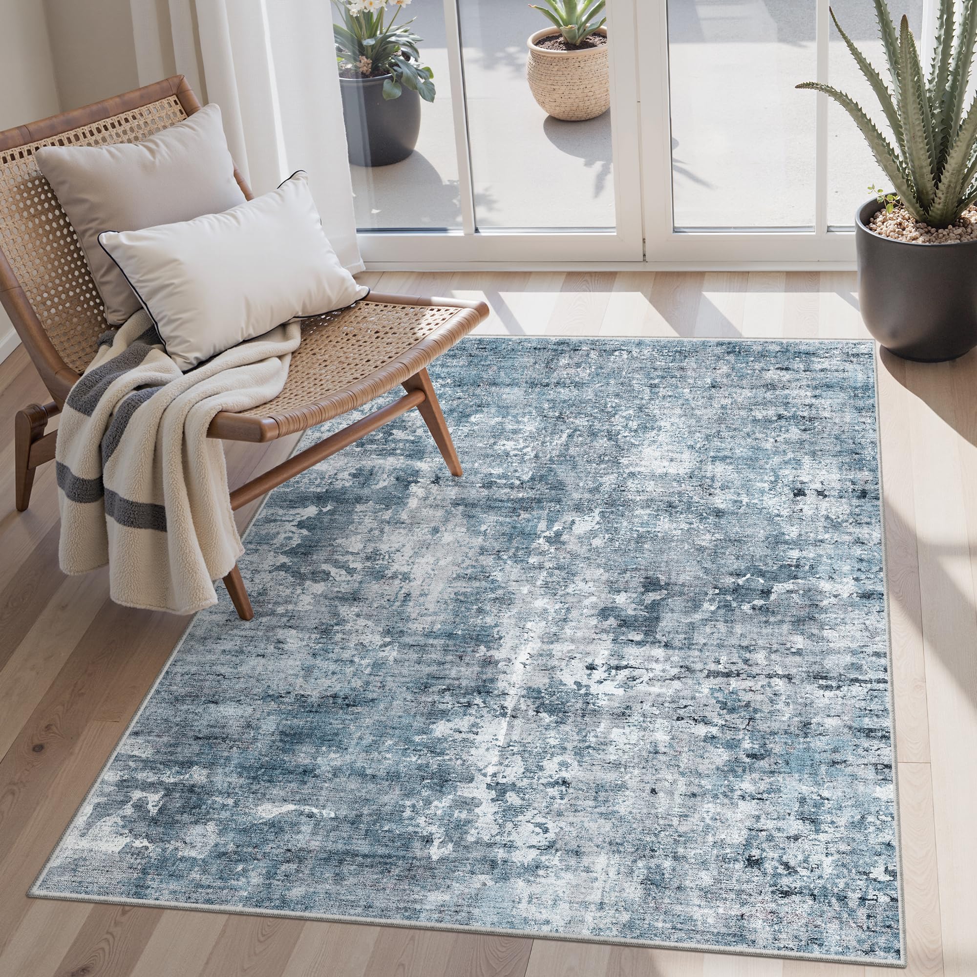Photo 1 of Soalmost 3x5 Rug, Small Area for Kitchen, Entryway, Machine Washable Non-Slip Throw Rug, Vintage Carpet for Nursery Coffee Table Blue