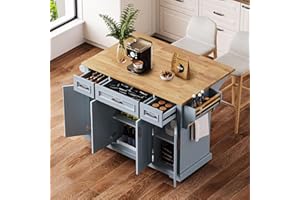Yayzy Rolling Kitchen Island with Drop Leaf, 4 Cabinet Doors, 3 Drawers & Side Storage Racks, Mobile Kitchen Cart with Rubberwood Top & Locking Wheels for Dining Room & Kitchen, 54-Inch, Grey Blue