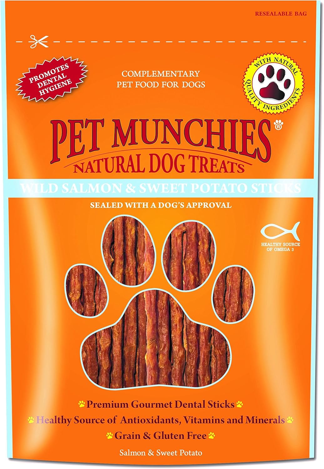 Pet Munchies Wild Salmon and Sweet Potato Dog Treats, Healthy Grain Free Dental Sticks with Natural Real Meat 90g
