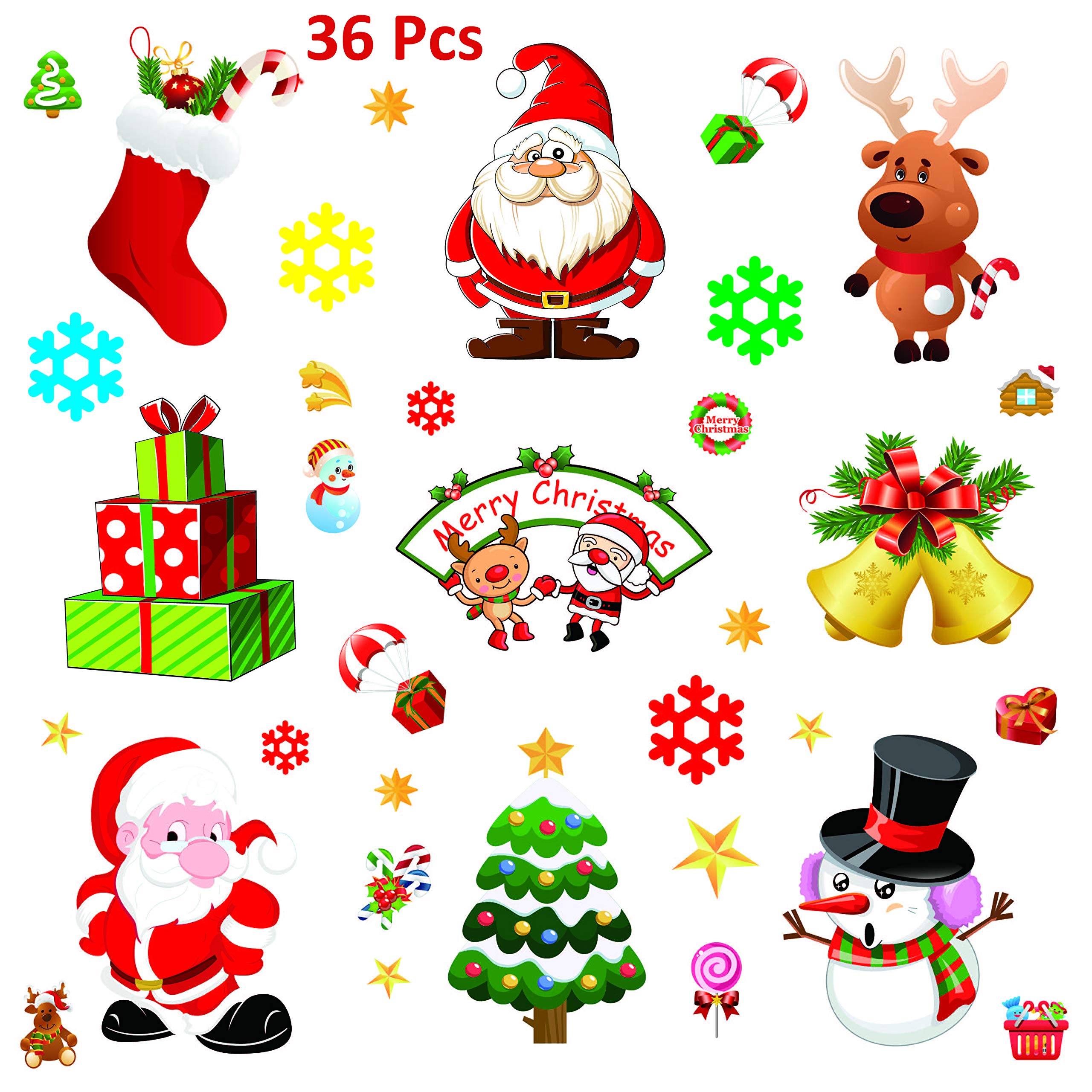 36 Pcs Christmas Window Clings Decal Ornaments Removable Reusable,10 Pack Window Refrigerator Stickers for Home Cafe Showcase Christmas Decorations with Snowman, Santa Claus,Snowflake, Bell, Tree,Sock