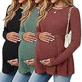 JoyMotion 3 Pack Women's Maternity Shirts, Ribbed Long Sleeve Pregnancy Sweaters Tunic Pleated Tops Crew Neck Casual Blouses
