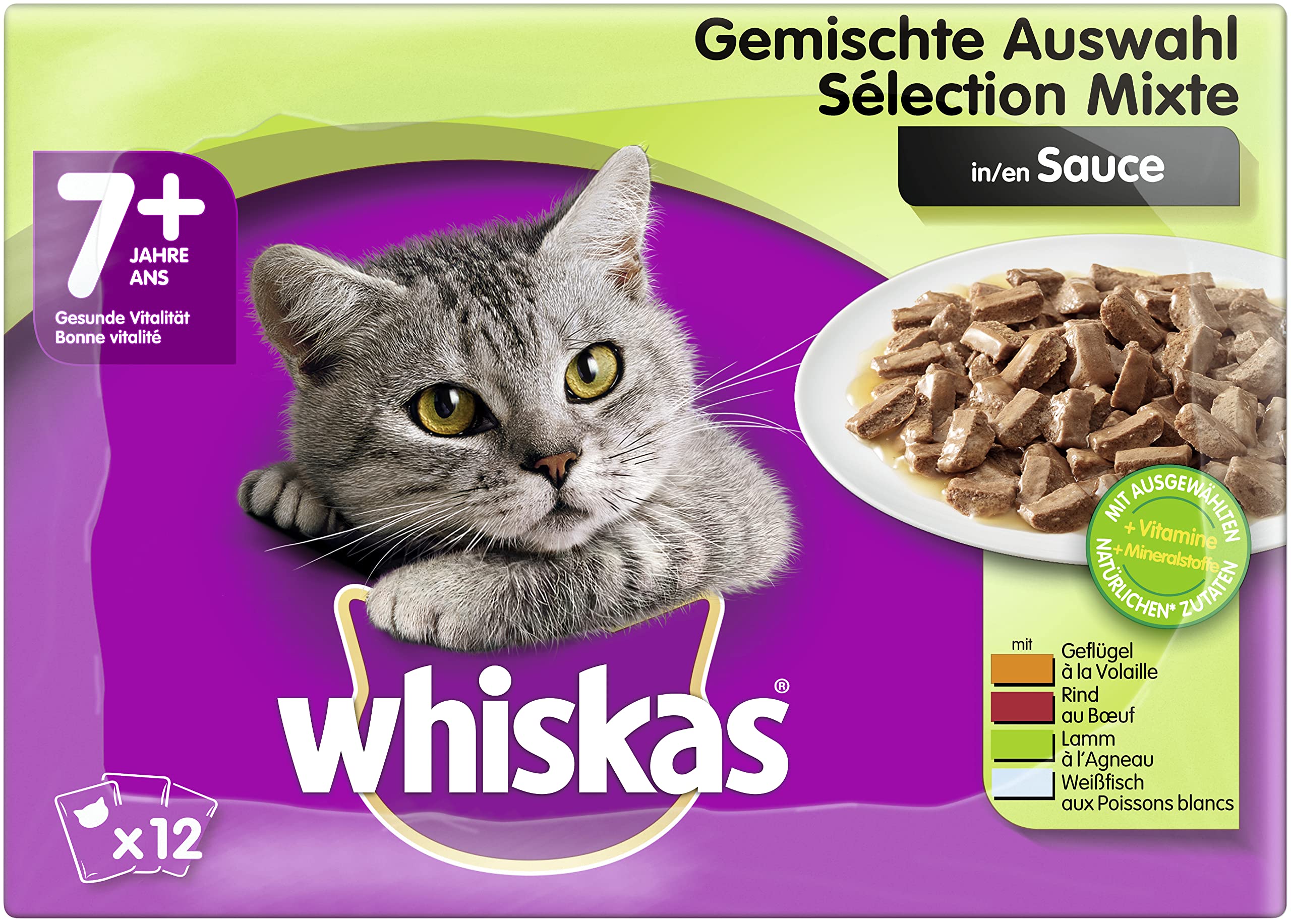 Whiskas 7+ Cat Food - Mixed Selection in Sauce Wet Food for Cats from 7 years and above - To Maintain Vitality - 48 x 100g Sachets