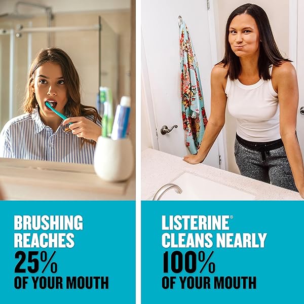 LISTERINE COOL MINT ALCOHOL-FREE MILD MOUTHWASH, ORAL RINSE KILLS 99.9% OF GERMS THAT CAUSE BAD BREATH, LESS INTENSE TASTE, MILD MINT FLAVOR, 3.2 FL. OZ