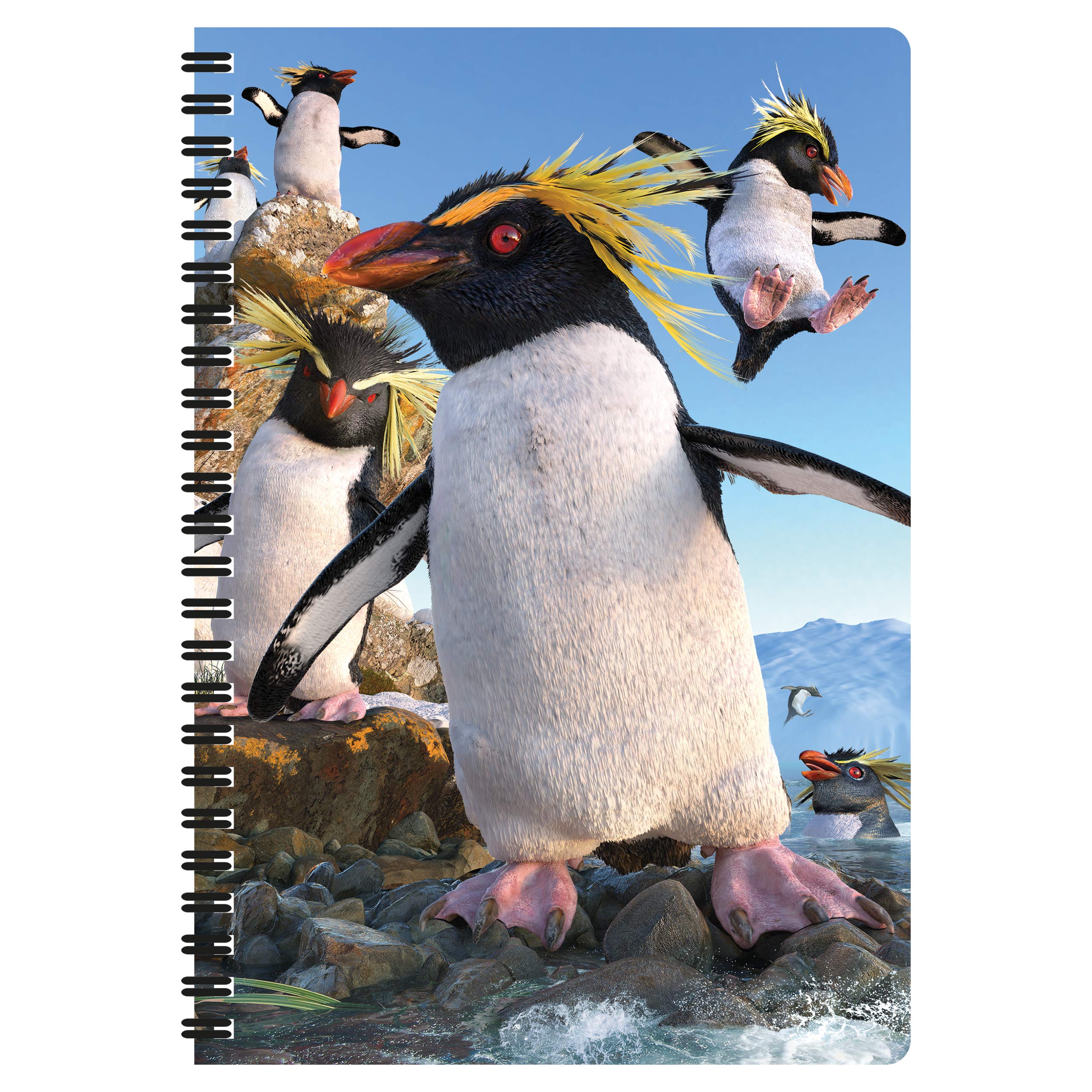 3D LiveLife A5 Notebook - Rockhoppers from Deluxebase. Spiral Bound Lined Notebook with 80 Recycled Pages, 3D Penguin Art Notebooks for Work, Gifts and School Supplies, (21 x 14.5 cm).