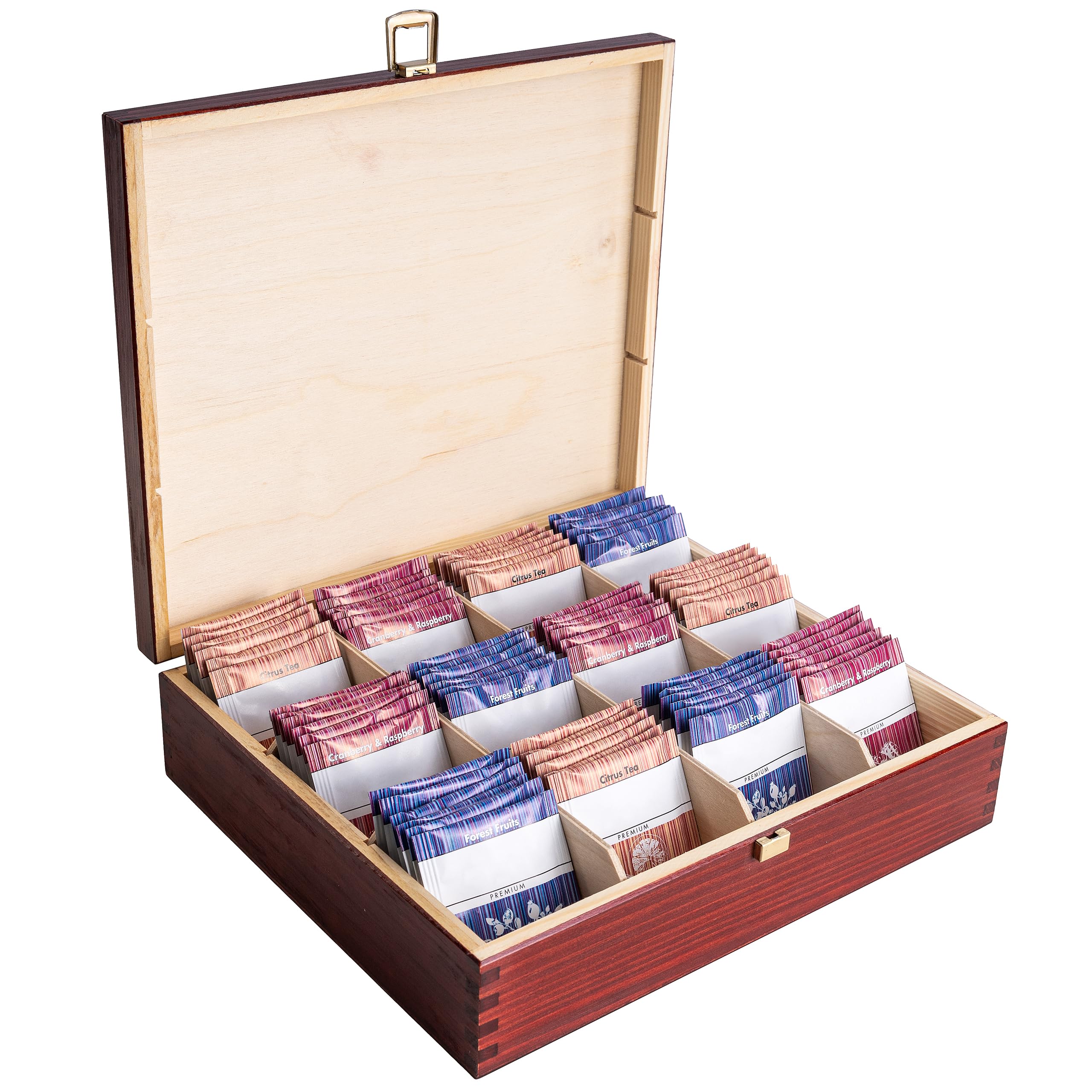 Creative Deco Burgundy Wooden Tea Box Storage Lid | 12 Compartments | 29x25.5x7.5cm | Natural Wood | Luxury Compartment Organiser Keepsake Caddy Chest Easter | Chocolate Coffee | Gift Box