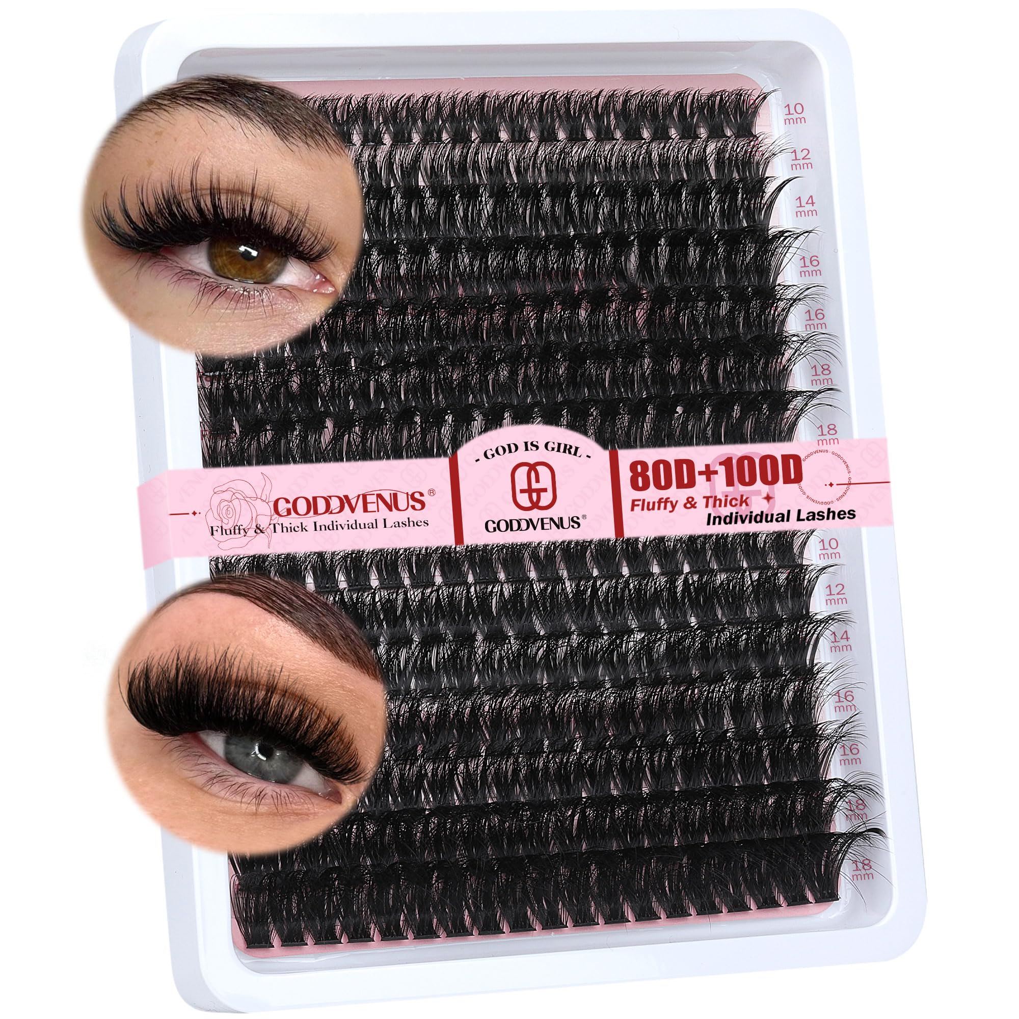 Goddvenus Fluffy Eyelashes 80D+100D Thick Cluster Lashes Wispy Lashes 10-18mm Eyelash Clusters Dramatic Individual Russian D Curl Lash Extensions