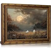 Vintage Gold Framed Ghost Meadow Wall Art, Halloween Retro Ghost Natural Forest landscape Moon Canvas Print Poster, Dark Academia Spooky Gothic Decor for Living Room Bedroom,