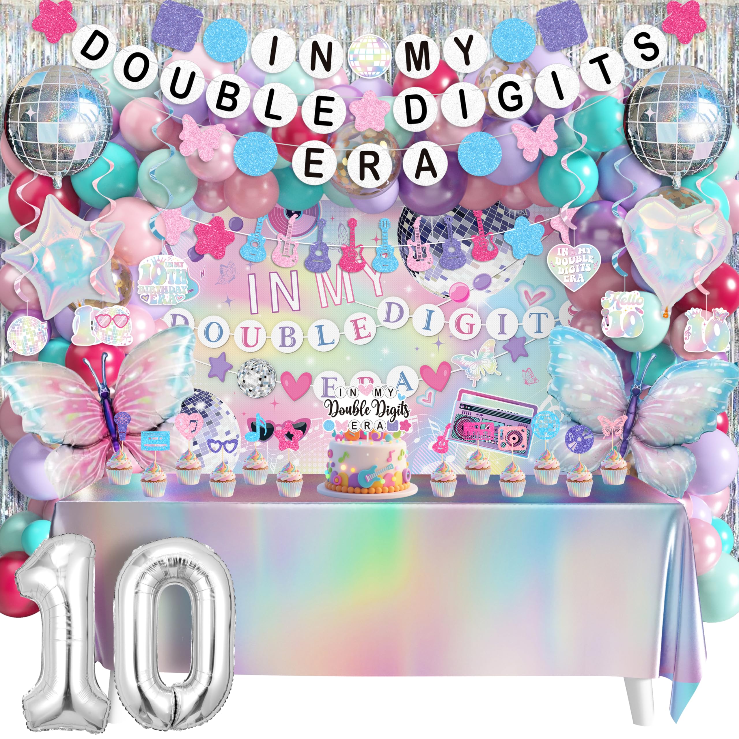 Photo 1 of 10th Birthday Decorations for Girls, Double Digits Birthday Girl Party Decor, In My Double Digits Era Party Supplies with Pink Purple Balloon Arch Friendship Bracelet Banner Backdrop Hanging Swirls