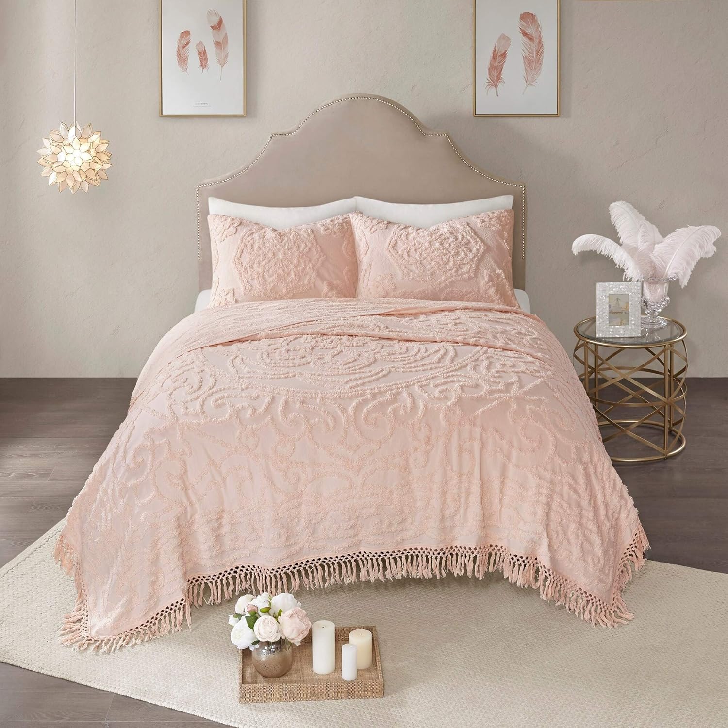 MISC Blush Pink Chenille Coverlet Full Queen Set Tufted